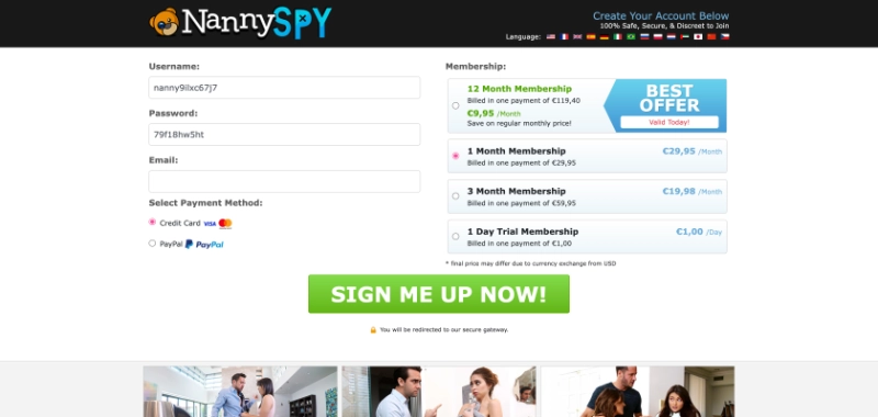 NannySpy signup screenshot